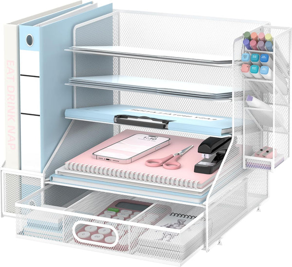 SUPEASY Desk Organizer with File Holder, 5-Tier Mesh Paper Letter Tray with Pen Holder and Drawer for Office Supplies