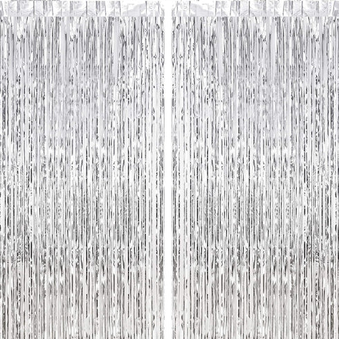 CHRORINE 2pcs 3ft x 8.3ft Silver Tinsel Foil Fringe Curtains for Birthday Graduation Engagement Party Decorations
