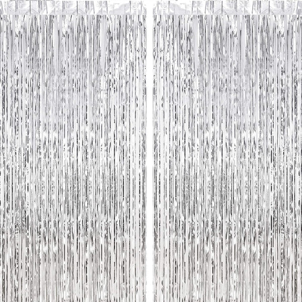 CHRORINE 2pcs 3ft x 8.3ft Silver Tinsel Foil Fringe Curtains for Birthday Graduation Engagement Party Decorations