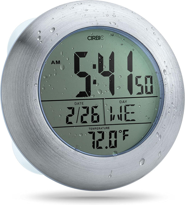 Extra Large Shower Clock with Suction Cups, Water Resistant Clock for Bathroom, Date and Temperature Display