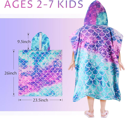 2-7 24 52-inch, 100% Tirrinia Mermaid Poncho Towels for Kids, Surf Beach Bath Swim Hooded Towels for Years Girls