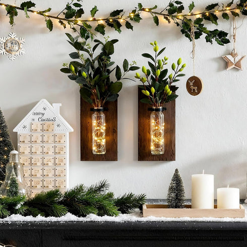 2 Pack Heiple Wood Glass Wall Sconces, Farmhouse Planters for Indoor Plants, Rustic Decor for Living Room, Hanging Vase