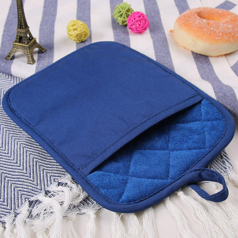 100% Cotton with Silicone Kitchen Pot Holder, Heat Resistant Coaster Potholder Oven Mitts Set of 2 Blue