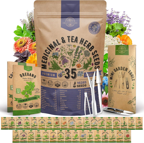 35 Medicinal & Tea Herb Seeds Variety Pack for Indoor & Outdoors.