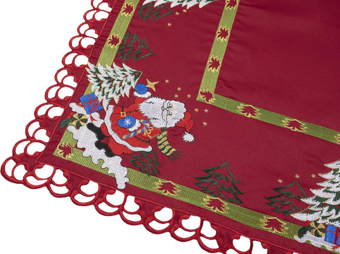 Embroidered Christmas Holiday Santa Claus and Christmas Trees Doily Table Topper, 33 Inches Square, Red