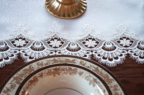 White Jacquard Peacock Tail European Lace Table Runner, Dresser Scarf, Wedding Décor