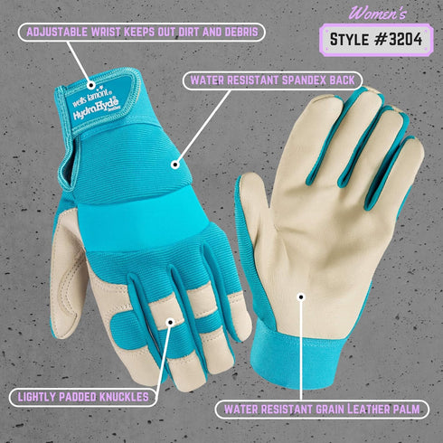 Wells Lamont Women's Hybrid Work/Gardening Gloves - Water-Resistant HydraHyde Leather, Small, Aqua