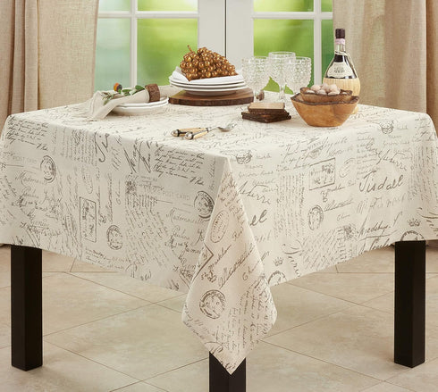 SARO LIFESTYLE Natural Vintage Script Print Design Tablecloth, 55" x 55"
