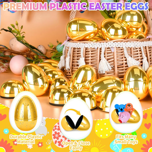 Palonu 72 2.3 Pcs Golden Metallic Easter Eggs, Reusable Shiny Plastic Empty Fillable Easter Themed Hunt Basket Stuffers