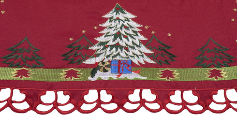 Embroidered Christmas Holiday Santa Claus and Christmas Trees Doily Table Topper, 33 Inches Square, Red