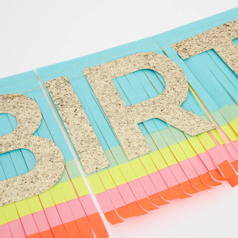 Meri Meri Rainbow Fringe Happy Birthday Banner, 8' Party Garland with Excess Cord for Celebration