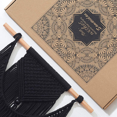 Black Macrame Wall Hanging - Handmade Boho Geometric Wall Decor for Apartment Bedroom Living Room (14" W x 18.5" L)