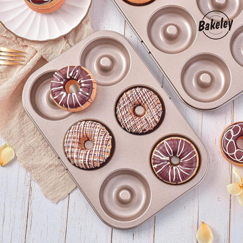 Donut Pan, Nonstick 6 Cavity Ring Doughnut Pan for Baking, Set of 2, Champagne Gold