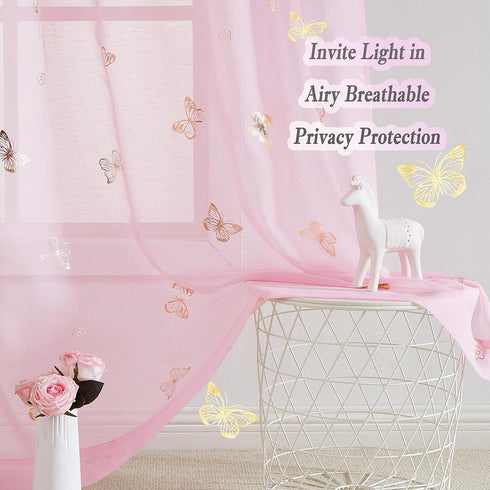 84 Inch Sets, 2 Jubilantex Pink Butterfly Sheer Curtains Gold Print Drapes for Baby Girls Nursery, Kids Bedroom Long