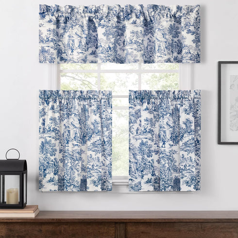 Victoria Park Toile Tailored Tier Curtains, Blue, 68-Inch by 30 Inch