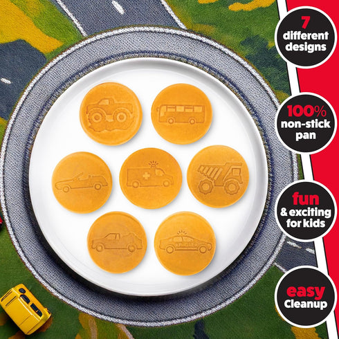 Car & Truck Mini Pancake Pan, Make 7 Unique Flapjack Cars, Nonstick Griddle for Breakfast Fun & Easy Cleanup