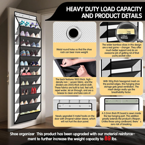 Kotkn 10 20+ 50% Closet Tier Hanging Shoe Rack - Heavy Duty Behind The Door Hanging Shoe Rack, Sturdy Oxford Cloth