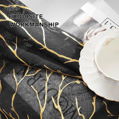 FINECITY Black Gold Sheer Curtains, Metallic Gold Foil Tree Branch, 63 Inch Length, Set of 2