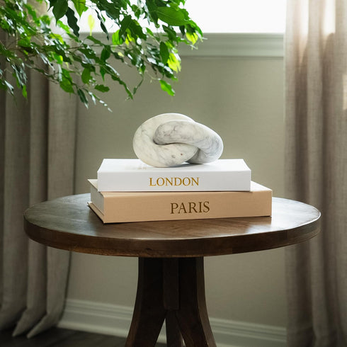 Set 2 Decorative Books with Storage (Caramel/Beige) of Faux Linen Book Boxes with Gold Stamped Covers Enhance Your