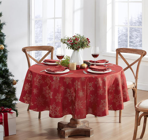Newbridge Fancy Metallic Snowflake Christmas Tablecloth - 70 Inch Round, Red Gold, No-Iron Soil Resistant Holiday Cover
