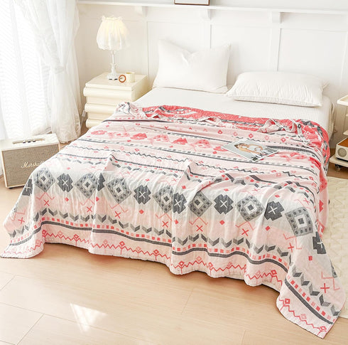MEJU 100% 3 60 80 Boho Indian Pink Gray Retro Southwest Muslin Reversible Blanket for Bed Sofa Couch Combed Cotton