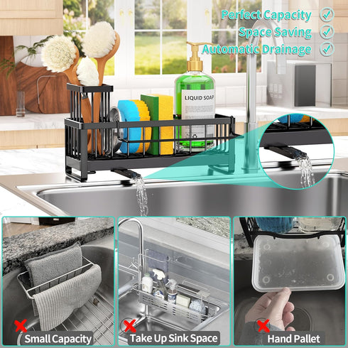 Countertop HapiRm Sponge Holder for Kitchen Sink - Self-draining Sink Caddy with Brush and Dishcloth Holders, Stainless