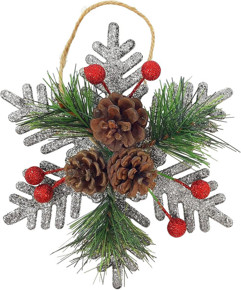 Pinecone Berry Pine Twig Christmas Ornaments, Set of 8, Glittered Snowflakes and Bells with Pine Cones and Red Berries