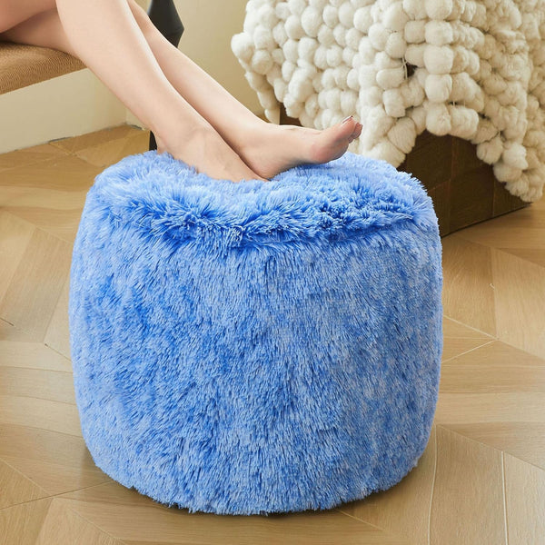 XeGe Fluffy Faux Fur Inflatable Pouf Ottoman, Soft Shaggy Fuzzy Foot Stool,