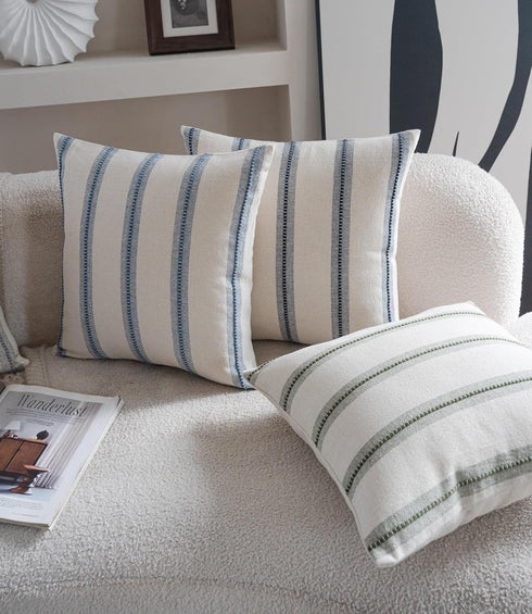 18x18 Set 2, Cethom Boho Throw Pillow Covers of Beige and Blue Striped Decorative Pillow Cases for Couch Chair Bed