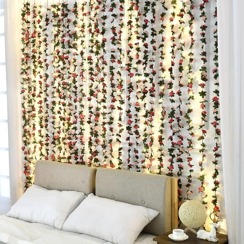 2Pcs 16.4Ft 16.4Ft BLEUM CADE Flower Garland Artificial Rose Vines with String Lights, Cute Fake Hanging Flower Vines