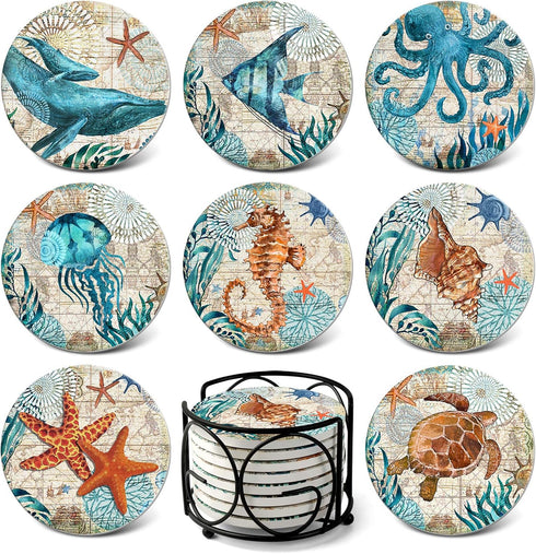Teivio Absorbing Stone Sea Ocean Life Coasters, Cork Base with Holder, Set of 8 for Coastal Decor