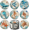 Teivio Absorbing Stone Sea Ocean Life Coasters, Cork Base with Holder, Set of 8 for Coastal Decor