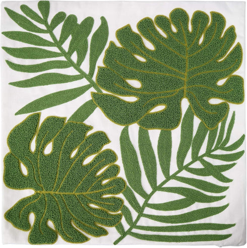 Embroidery Throw Pillow Covers 18x18 - 100% Cotton Canvas Cushion Cover with Tropical Green Leave Design