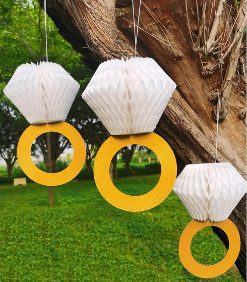 Bridal Shower Decoration Set of 6, Engagement Party Supplies, Glitter Gold Honeycomb Ring Hanging Decorations