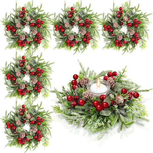 Lyrow 6 Pcs Christmas Candle Rings Wreath Xmas Kitchen Cabinet Mini Wreath