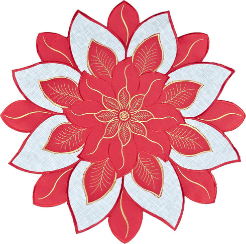 Embroidered Holiday Christmas Doily Placemat, Red White and Gold Star Poinsettia Small Table Topper (24 Inch)