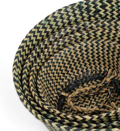 Woven Seagrass Belly Basket for Storage, Plant Pot Basket, Laundry, Picnic, and Grocery Basket (Medium, black strips)
