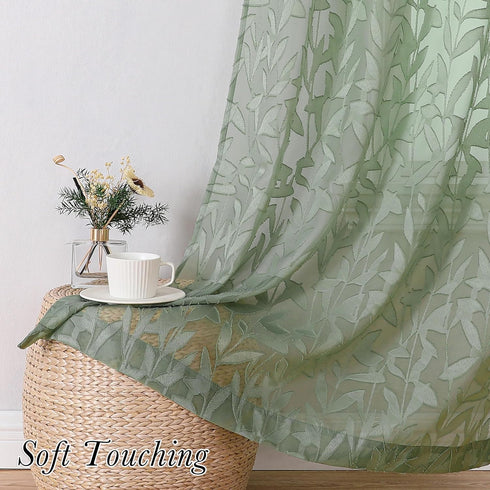 Leia 72 Inch Sheer Curtains Sage Green Panels Set of 2, Double Rod Pocket Window Living Room Curtain with Leaves, Light