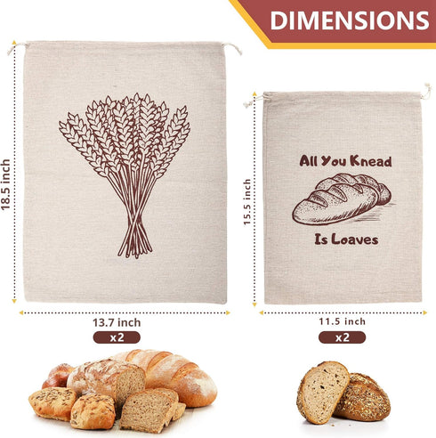 Linen Bread Bags, Pack of 4 Large and Extra Large Reusable Drawstring Bags for Homemade Artisan Bread Storage