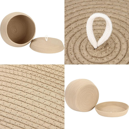 Sea Team Decorative Woven Cotton Rope Storage Basket with Lid, 13 x 9 Inches, Khaki Organizer for Snacks, Towels