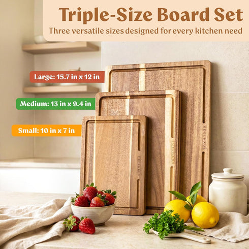 Set 3, Acacia Wood Cutting Board for Kitchen, Non-Toxic Cutting Board of Chopping Boards with Deep Juice Groove