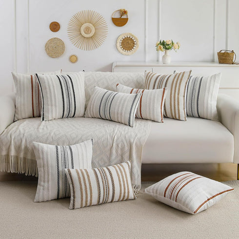 2 Packs 20x20 Inch Boho Pillow Covers Black Chenille Decorative Throw Pillow Covers for Couch, Farmhouse Accent Striped