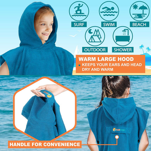 SUN CUBE Kids Changing Robe Surf Poncho, Kids Beach Towels for Teens, Microfiber Hooded Wearable Swim Towel Boys Girls