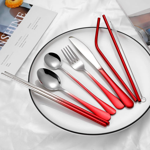 Travel Utensils, Reusable Portable Silverware Set with Waterproof Carrying Case for Lunch Boxes and Picnics (GraRed)