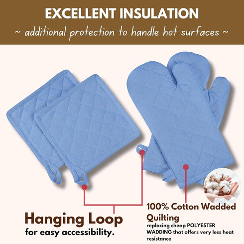 Native Fab 4-Piece Kitchen Pot Holders and Oven Mitts Set - Heat Resistant, Non-Slip, 100% Cotton - Blue