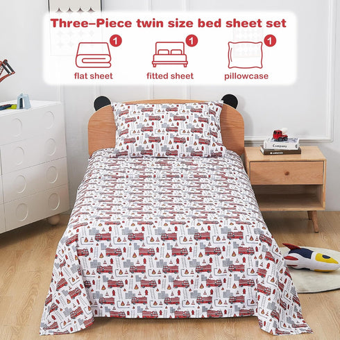 Set, 3 Softan Kids Bed Sheet Boys Twin Size Sheets, Microfiber Kids Fitted Sheet and Pillowcase, Breathable and Silky