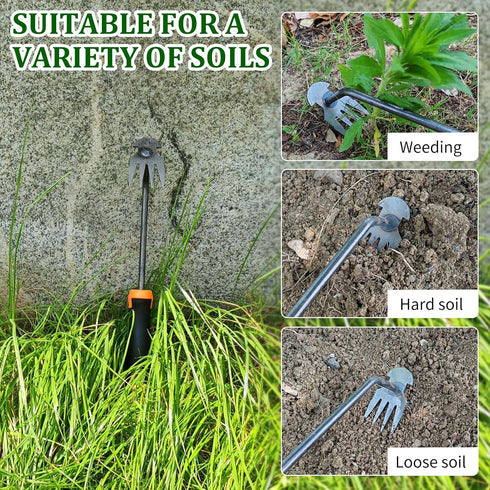 XIAONAN Weed Tool, Manual Hand Weeder with Handle, 4 Teeth Dual Purpose High Strength Garden Tool