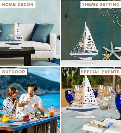 Sailboat 14 Inch CoTa Global Ocean Blue Decor Handmade Wooden Boat Decor, Cute Beach Style Model Sail Boat Decorations