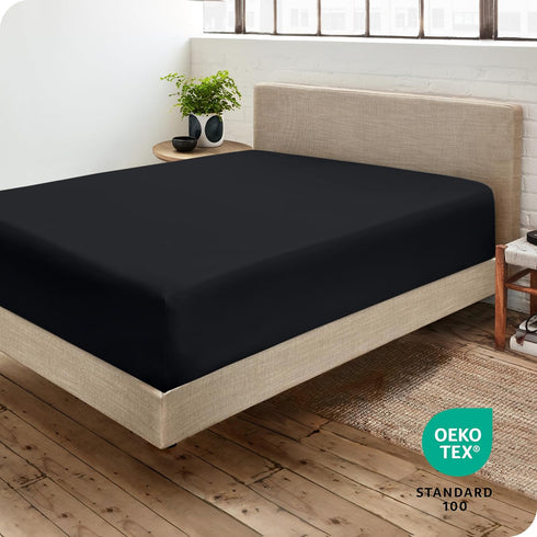Bare Home Fitted Bottom Sheet, Queen Size, Premium 1800 Microfiber, Ultra-Soft, Deep Pocket, Black