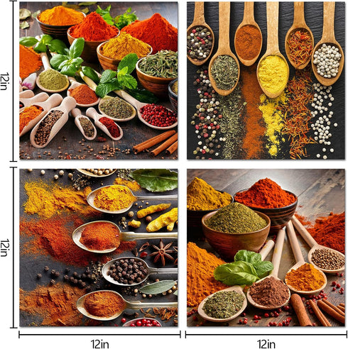 4 Set 12"x12"x4 HOMEOART Kitchen Pictures Wall Decor Piece Colorful Spices and Spoon Painting Canvas Wall Art Prints